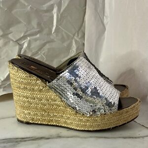 Marc by Marc Jacobs Silver Sequin Wedge Espadrille Slides 40 EU